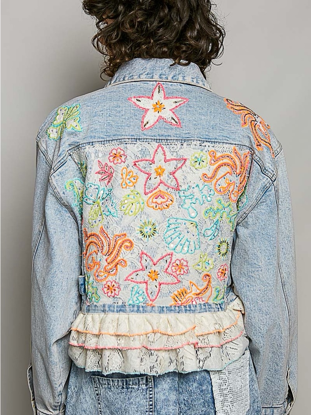 D46. POL Embroidered Denim Jacket with Lace Trim - Picture 3 of 3